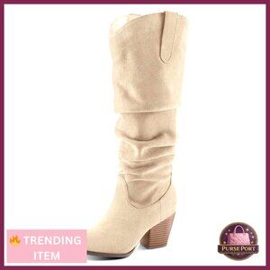 Women's Cowboy Knee-High Boots Pointed Toe Mid Chunky Heel Pull On Slouchy